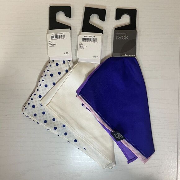 Set of 3 Nordstrom Rack Silk Pocket Squares - White Polka Dot, White, Purple - Picture 2 of 6